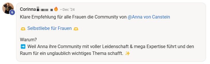 2024_Empfehlung Corinna Selbstliebe Screenshot eines Community-Kommentars der die "Selbstliebe für Frauen" Community von Coach Anna von Canstein empfiehlt
